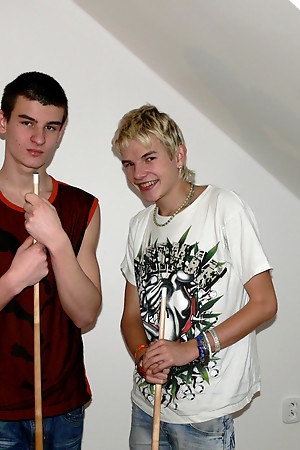 Duo Teen Boys Arpad and Zoltan Play Snooker Nude